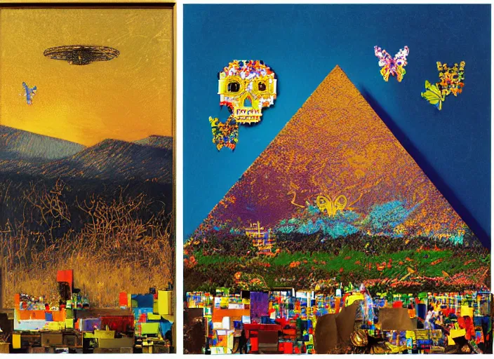 Prompt: “pixel art, decollage, dumpster with colorful huge baroque trash can, montain view landscape with a semitranslucent frog inverted pyramids, golden foil bone butterflies and bright porcelain skull bats, in a golden sunset sky, by adrian ghenie, cy twombly, daniel richter and hilma af klint, extremely detailed, children painting, amateur, 8k”