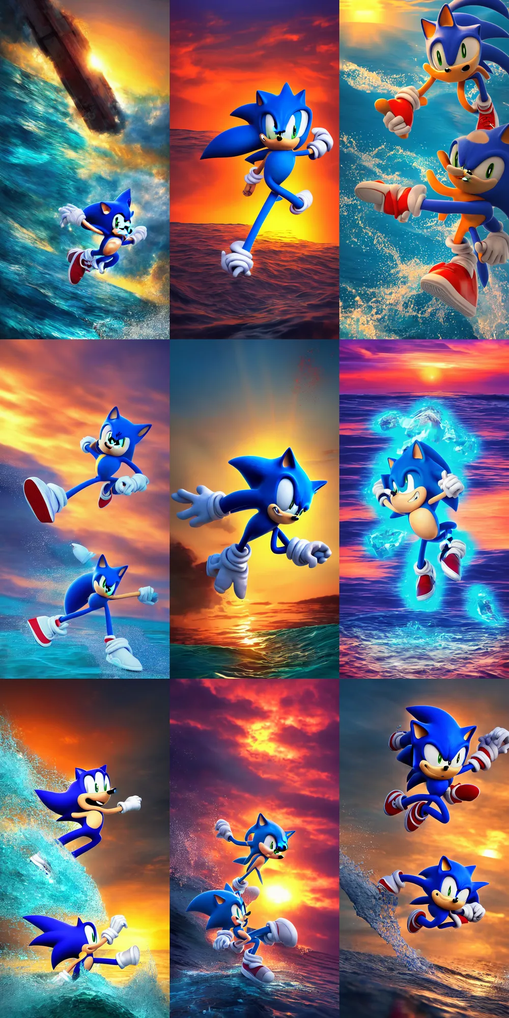 Prompt: a beautiful rendered picture of a sonic power slamming sonic from instagram in the ocean at sunset by Nick Silva, trending on artstation, 8k