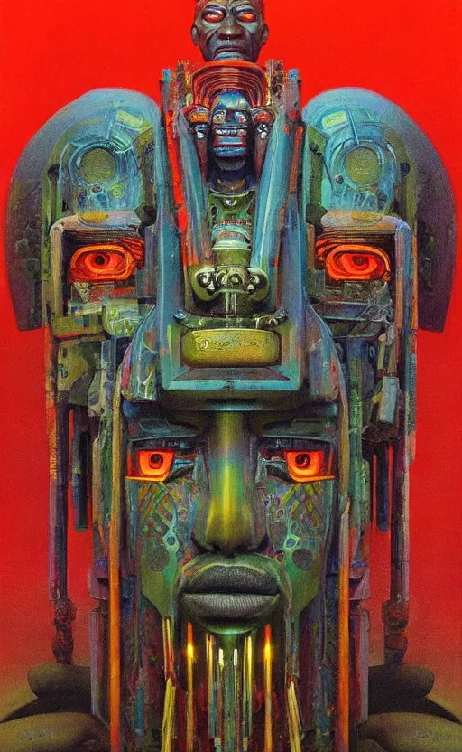 Image similar to portrait of mecha african tribal chief, symmetrical, dramatic lighting, colourful, art by zdzislaw beksinski,