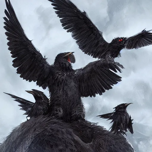 Prompt: huginn and muninn on odin shoulders, detailed, by greg rutkowski