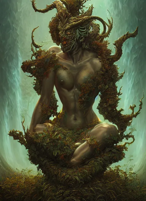 Image similar to overgrown statue of a demon, serene, in the style of tomasz alen kopera and fenghua zhong and peter mohrbacher, mystical colors, rim light, beautiful lighting, 8 k, stunning scene, raytracing, octane, trending on artstation