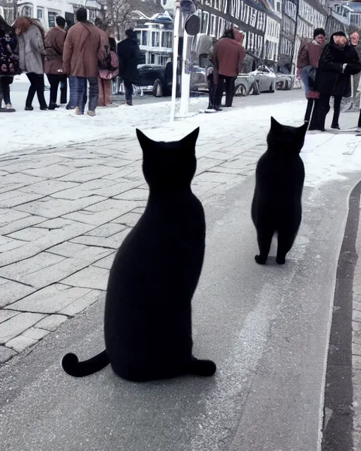 Prompt: cat standing up, cat standing on its hind legs, in line with people at a bus stop in winter copenhagen, as seen on reddit, photograph