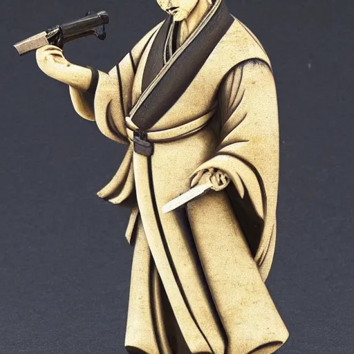 Image similar to isshin sword saint holding a pistol, detailed