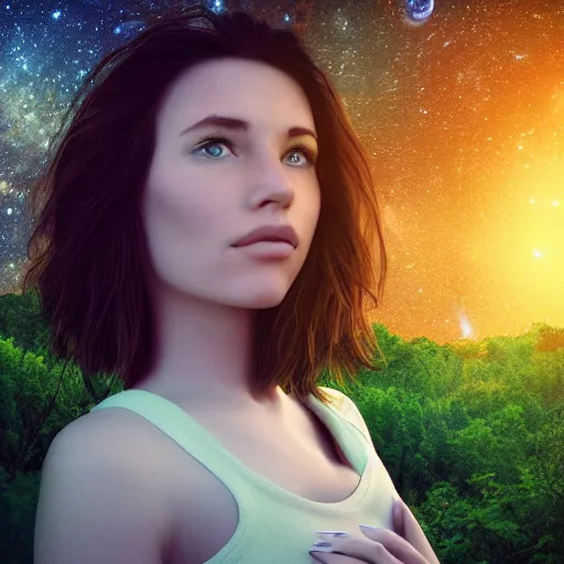 Image similar to an hd photo of a young woman with short brown hair and green eyes, beautiful trees in the background, night sky with stars and galaxies, trending on artstation