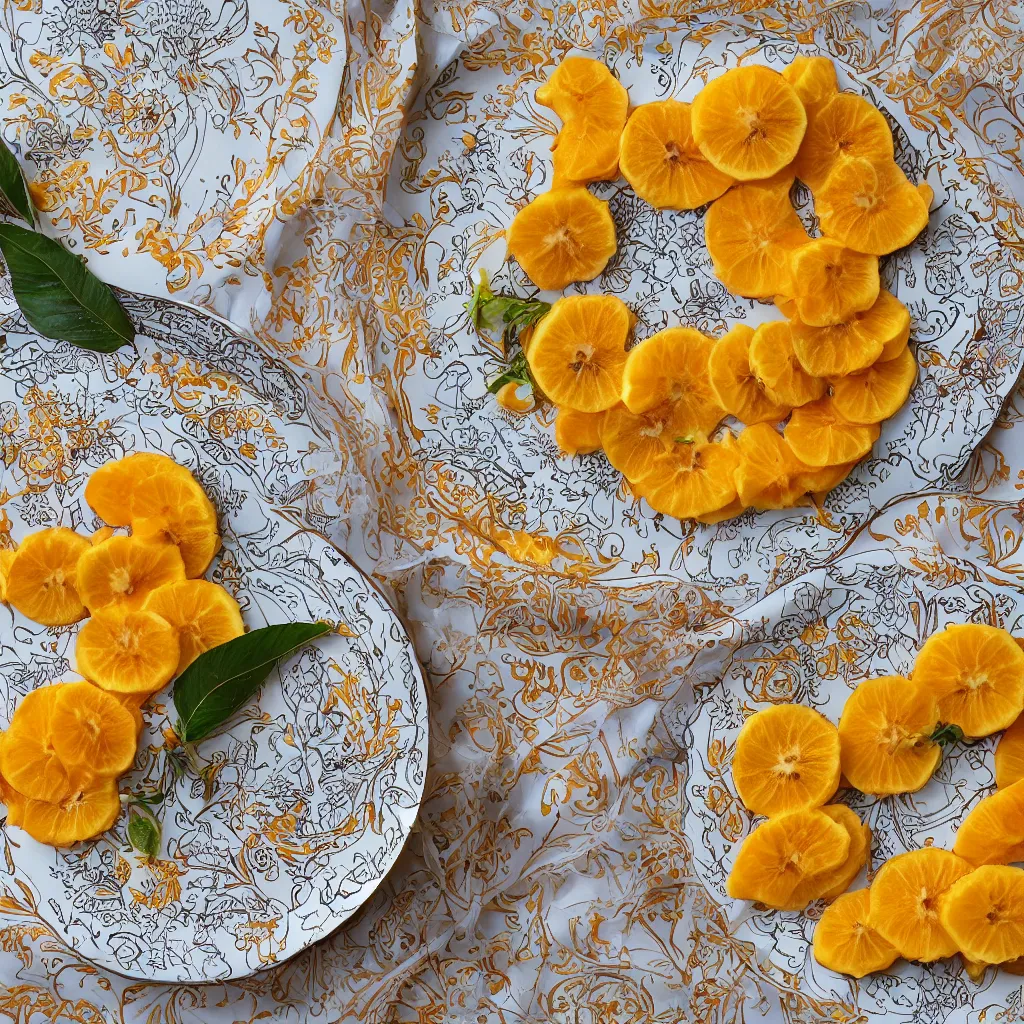 Image similar to very long circular bananas with cut orange slices and leaves, on art nouveau embroidered designer plate with flowery pattern closeup, hyper real, food photography, high quality