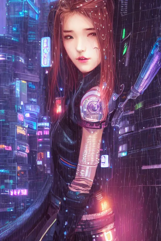 Image similar to portrait futuristic hi-energy cyberpunk young Guardian female, in futuristic heavily raindrop tokyo rooftop cyberpunk night, ssci-fi, fantasy, intricate, very very beautiful, elegant, neon light, highly detailed, digital painting, concept art, human anatomy, soft light, hdri, smooth, sharp focus, illustration, art by tian zi and alphonse mucha and WLOP and craig mullins