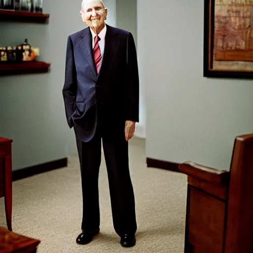 Prompt: photo of Russell M Nelson in a suit having a drink of wine, pr photo shoot, pristine and clean, 85mm lens,