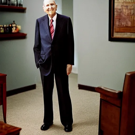 Image similar to photo of Russell M Nelson in a suit having a drink of wine, pr photo shoot, pristine and clean, 85mm lens,