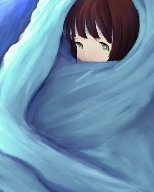 Image similar to hugging a blanket tightly, anime concept art, ambient cozy lighting, fluffy blue blanket, cute