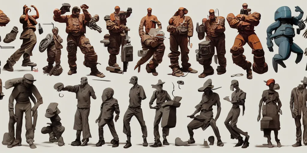 Image similar to concept art character models, clay, brutalism, colorful, syd mead, norman rockwell, junichi higashi, isamu imakake, 4 k resolution, octane render, intricate, balance, ultra detailed, medium full shot, white background, sprite sheet, volumetric lighting, cinematic lighting + masterpiece,