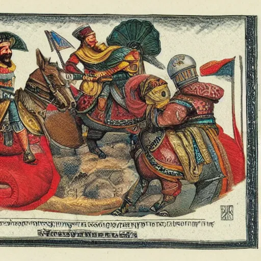 Image similar to propaganda image of 3 persian knights on top of a pile of ruble, illustration, beautiful