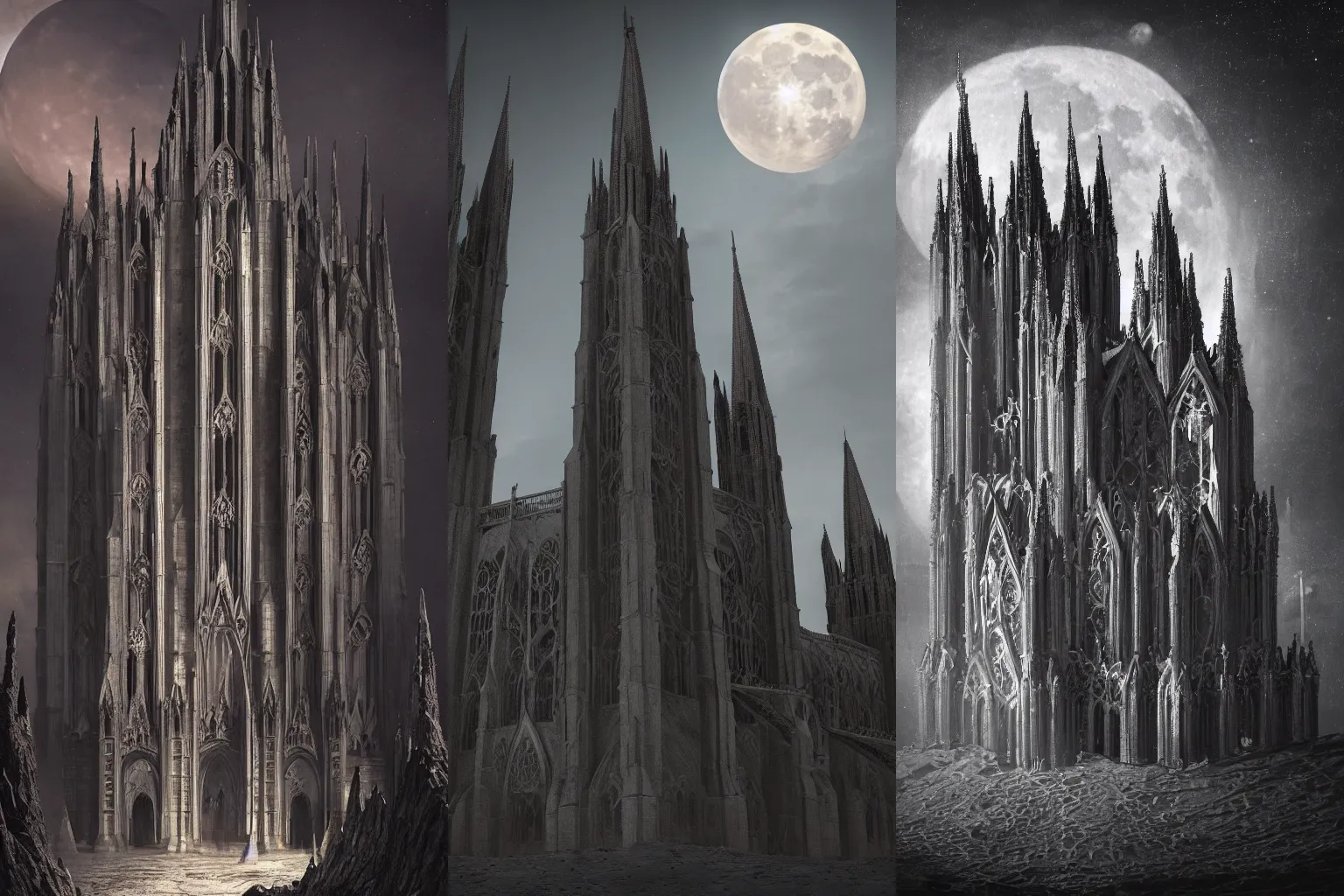 Prompt: detailed matte painting of the tall gothic cathedral made of regolith on the surface of the moon, dramatic lighting, demonic undertones, detailed concept art, hyperrealistic, beautiful architecture, low angle looking up