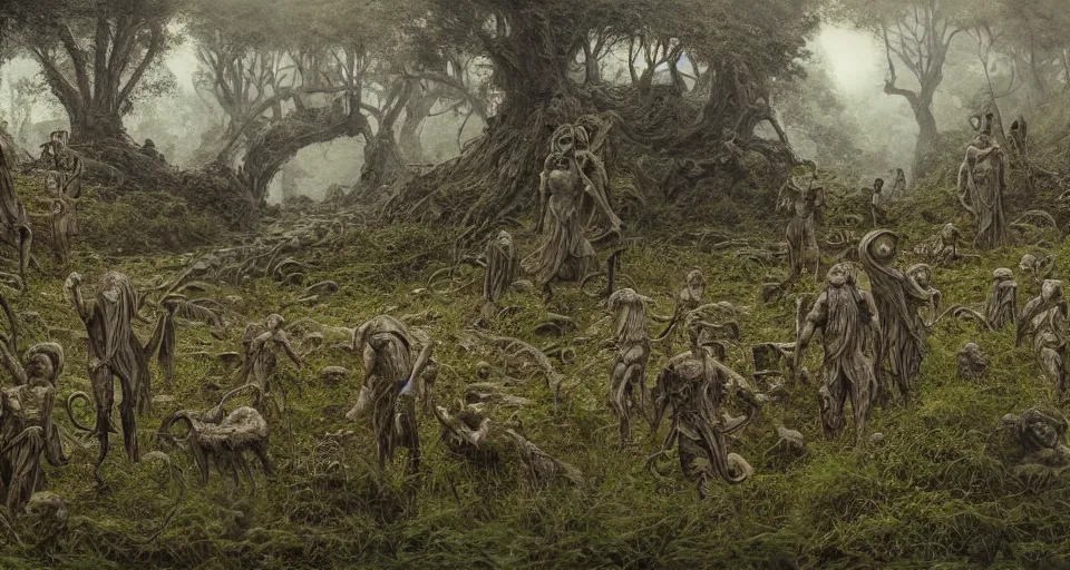 Prompt: ancient greek people walking in the ancient greek lush overgrown labyrinth, by giger, stalenhag, beksinski, retro sci - fi movie, highly detailed, photorealistic, illustration, matte painting, 8 k, hd, trending on artstation