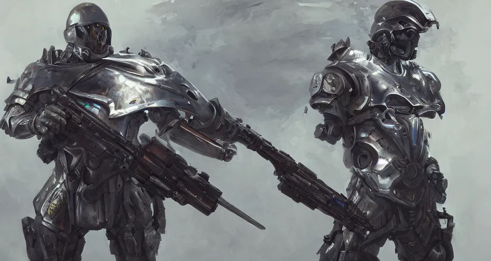 Image similar to Trending on artstation. 4k. Masterpiece. Cybernetic holy warrior on the battlefield holding a large machine gun.