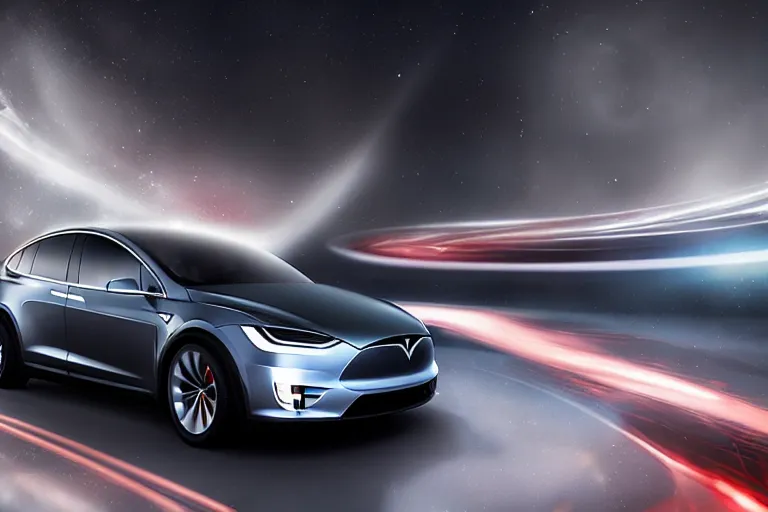 Image similar to A professional photo of a Tesla Model X car in orbit around a black hole; high-quality, dramatic lighting; extremely high detail; trending on artstation