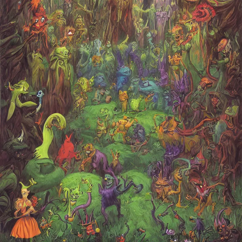 Image similar to a scene of colorful cartoon monsters in the clearing of a dark fantasy forest surrounded by darkness. hyperrealist illustration. muted colors. 1 9 7 0's pulp science fiction and fantasy cartoon for alice in wonderland and wizard of oz. richly colored painting by don ivan punchatz.