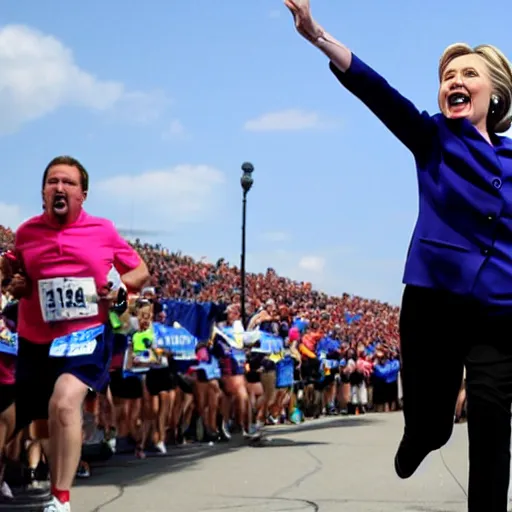 Prompt: hillary clinton running marathon screaming shouting hands in the air
