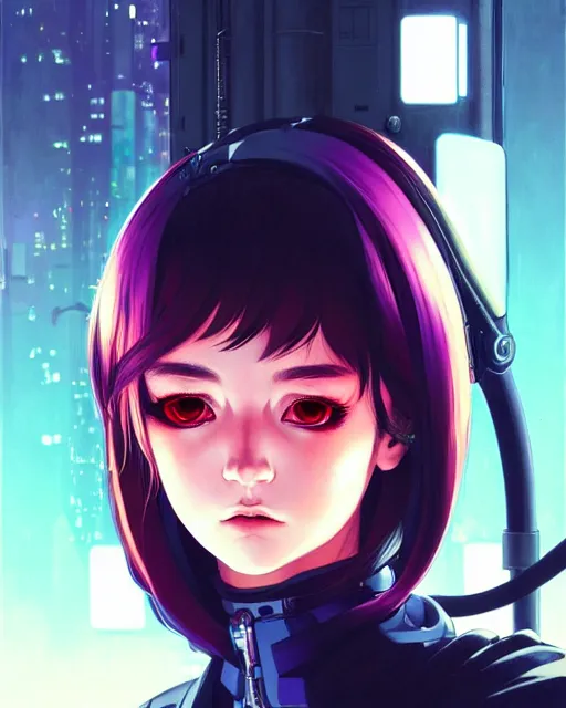 Image similar to a comic potrait of a cyberpunk cyborg girl with big and cute eyes, fine - face, realistic shaded perfect face, fine details. night setting. very anime style. realistic shaded lighting poster by ilya kuvshinov katsuhiro, magali villeneuve, artgerm, jeremy lipkin and michael garmash, rob rey and kentaro miura style, trending on art station