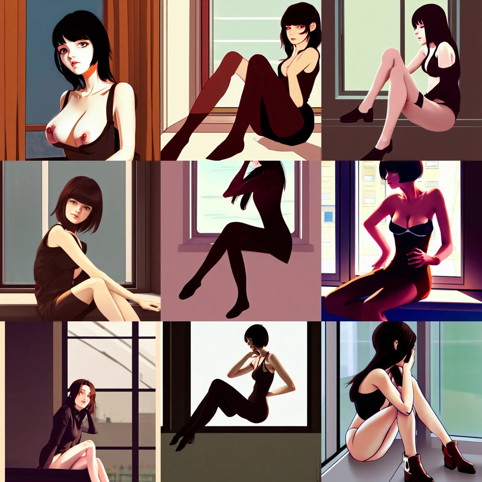 Prompt: sexy girl with dark brown hair, sitting down, leaning against the window, graceful, in the style of ilya kuvshinov