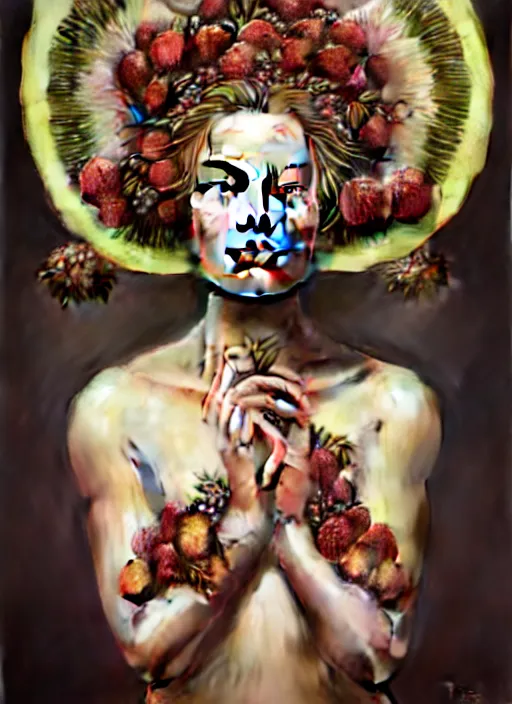 Image similar to margot robbie as an goddess of fruits, aesthetic, fine art, intricate, elegant, highly detailed, realistic hair, centered, digital painting, art station, conceptual art, soft, sharp focus, illustration, artwork, artgerm, tomasz alen kopera, peter mohrbacher, donato giancola, wlop, boris vallejo