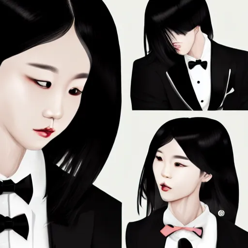 Image similar to portrait of a beautiful korean girl wearing a men's tuxedo, with long hair and bangs, angular features, angry expression, digital art, elegant pose, detailed illustration