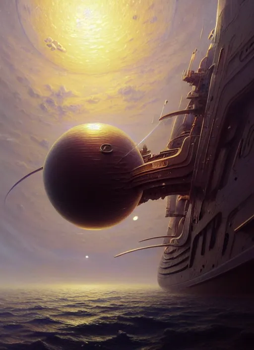 Image similar to a hyper - detailed 3 d render of spherical ship, surrealism!!!!! surreal concept art, lifelike, photorealistic, digital painting, aesthetic, smooth, sharp focus, artstation hd, by greg rutkowski, bruce pennington, valentina remenar and asher duran,