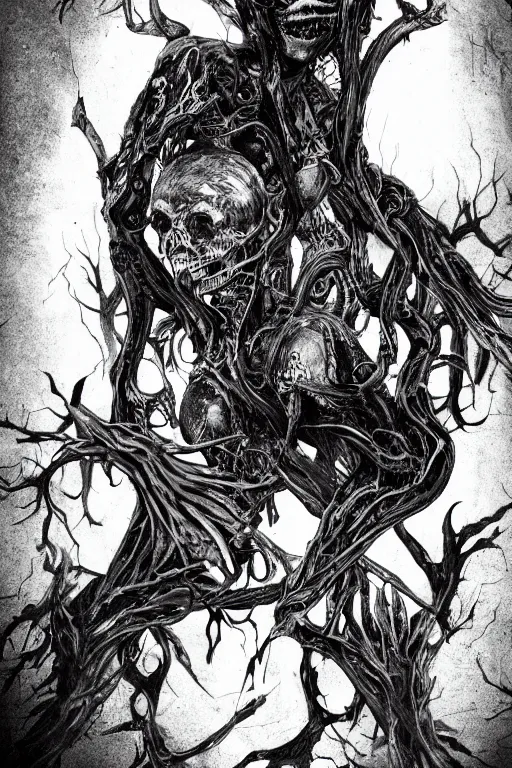 Image similar to black and white illustration, creative design, body horror, death monster