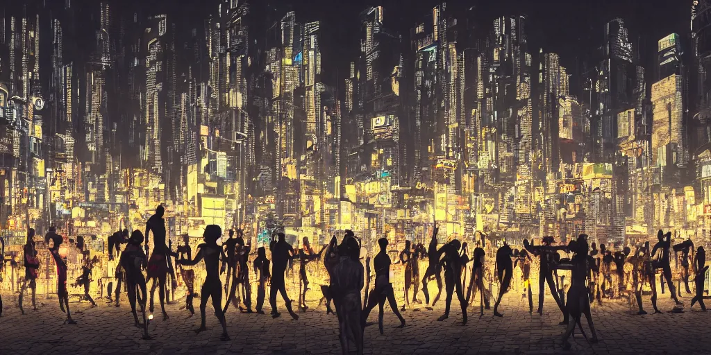 Prompt: people made of intricate luminous dancing at night in the market of a cyberpunk city of low rise buildings punctured here and there by monumental brutalist cubes under a full moon, wide angle, matte painting