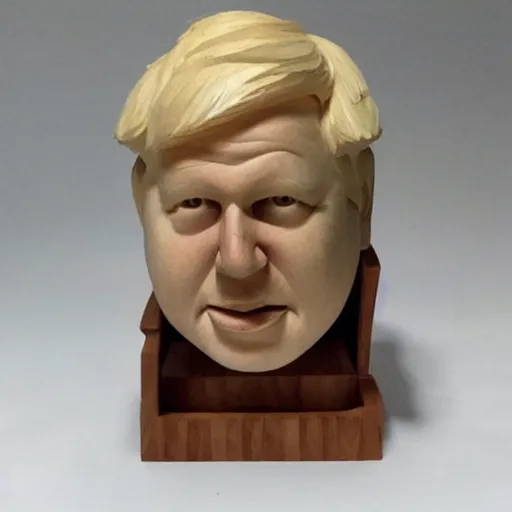 Prompt: wooden sculpture of boris johnson, polished maple, thoughtful, elegant, real