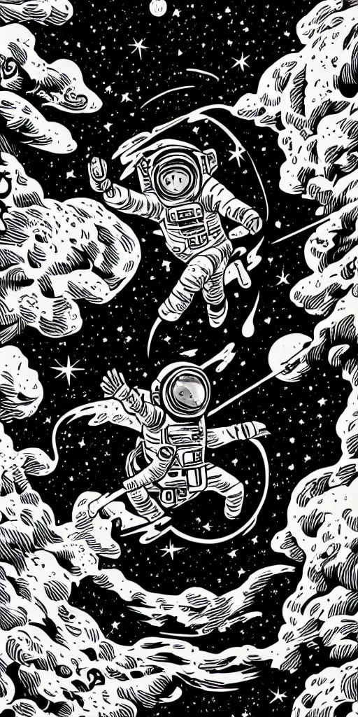 Image similar to mcbess poster in full color, astronaut drifting into a black hole