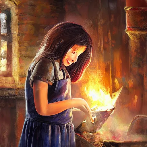 Image similar to the blacksmits’ daughter, working in the forge, a smile at her face, fantasy art in the style of Lilia Alvarado,