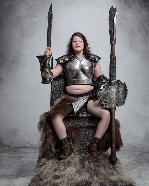 Prompt: bridget moynihan as king conan, directed by john millius, photorealistic, sitting on a metal throne, wearing ancient cimmerian armor, a battle axe to her side, cinematic photoshoot in the style of annie leibovitz, studio lighting