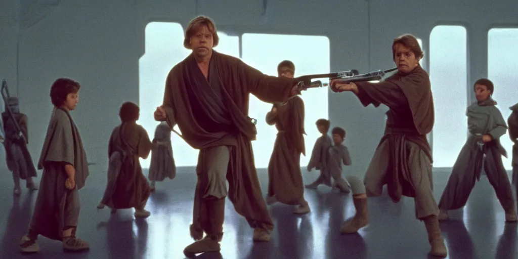 Prompt: A full color still of Mark Hamill as Jedi Master Luke Skywalker training a diverse room of young Jedi padawans, with large windows showing a sci-fi city outside, at dusk at golden hour, from The Phantom Menace, directed by Steven Spielberg, 1997