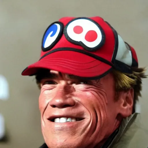 Image similar to Arnold schwarzenegger dressed up as Ash Ketchum, he is a pokemon trainer