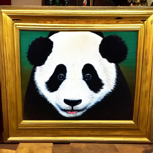 Prompt: oil in canvas of a sad panda drinking on a bar