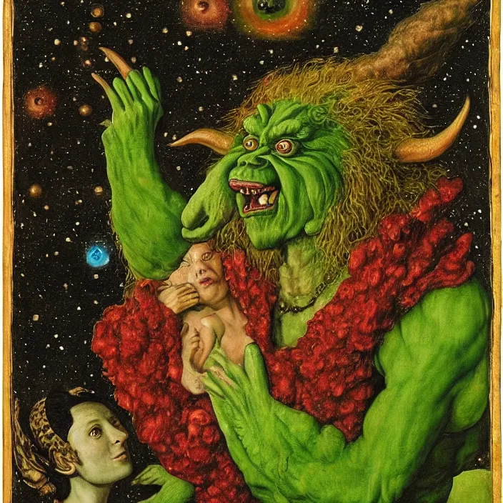 Image similar to a green-horned goblin monster holding a crying woman in a nebula, by Jan van Eyck