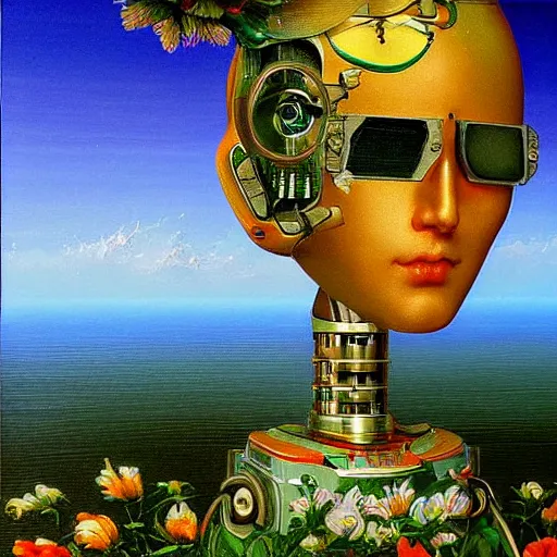 Image similar to a highly detailed painting by Thomas Cole of a vaporwave alternative reality mirror, robot head with flowers growing out, highly detailed 3d rendering from 1996