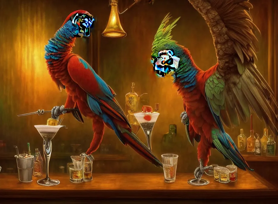 Prompt: parrot anthro as a bartender, dimly-lit cozy tavern, fantasy art, detailed painterly digital art style by Rolf Armstrong, d&d vibe, fireplace, furaffinity, 🍸, 8k octane beautifully detailed render, post-processing, extremely hyperdetailed, intricate, epic composition, grim yet sparkling atmosphere, cinematic lighting + masterpiece, trending on artstation, very detailed, vibrant colors