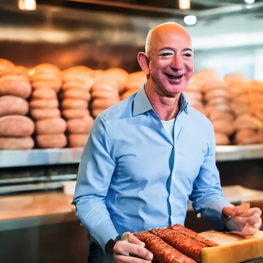 Image similar to jeff bezos launching a new type of sausage, smiling, happy, product launch, sausage, food photography, announcement, canon eos r 3, f / 1. 4, iso 2 0 0, 1 / 1 6 0 s, 8 k, raw, unedited, symmetrical balance, wide angle