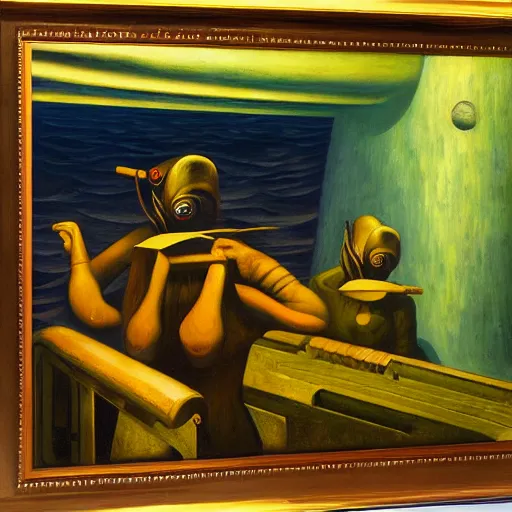 Image similar to twenty thousand leagues under the seas, grant wood, pj crook, edward hopper, oil on canvas