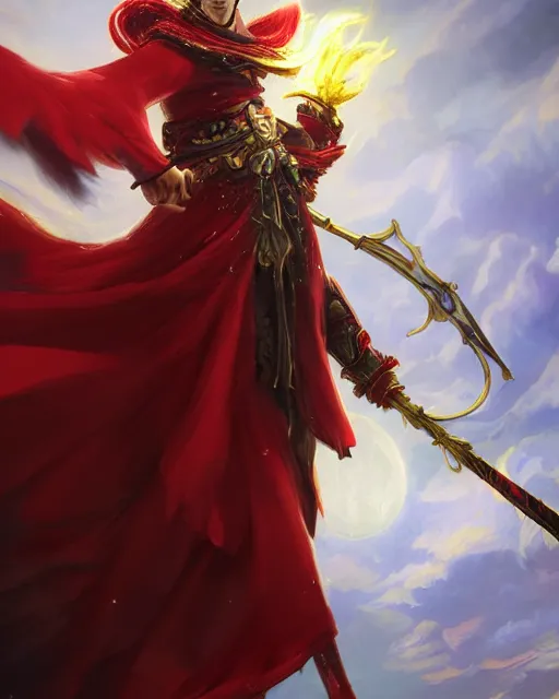 Image similar to A Full View of a Red Mage wearing red white and gold striped magical shining armor and a feathered hat holding a staff of power with a gemstone topper surrounded by an epic cloudscape. Magus. Red Wizard. Magimaster. Conquistador armor. Red and white striped cape. masterpiece. 4k digital illustration. by Ruan Jia and Mandy Jurgens and Artgerm and greg rutkowski and and Andreas Rocha and William-Adolphe Bouguereau and Edmund Blair Leighton, award winning, Artstation, art nouveau aesthetic, Alphonse Mucha background, intricate details, realistic, panoramic view, Hyperdetailed, 8k resolution, intricate art nouveau