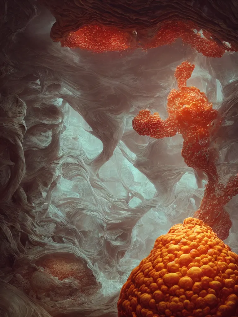 Prompt: symmetrical simulacrum of a space fungus by roberto ferri. beautiful natural forms, reishi, coral veil, molecular gastronomy burning water. intricate artwork by tooth wu and wlop and beeple and dan mumford, mushroom. octane render, cinematic, hyper realism, octane render, 8 k, pearlescent aura, vibrant