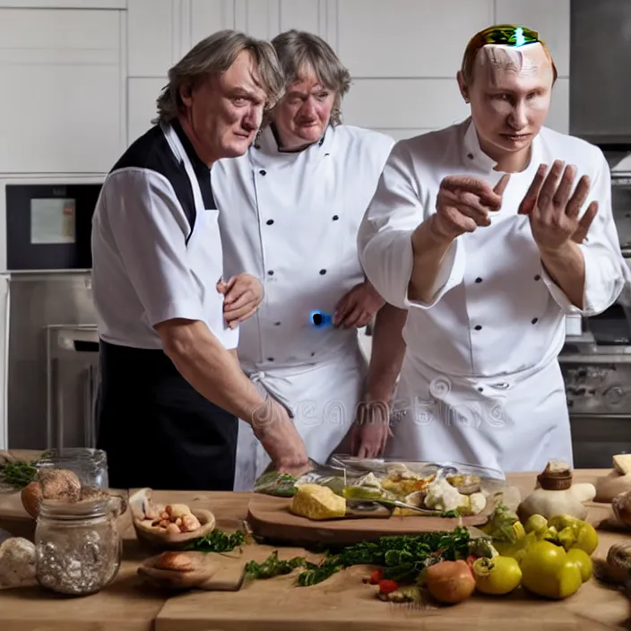 Image similar to vladimir putin and james may in white apron in kitchen cooking dinner. stock photo, high key lighting, photograph