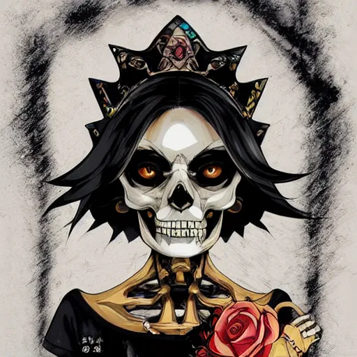 Image similar to anime manga skull portrait young woman skeleton, bart simpson, painterly, logo, graffiti, elegant, highly detailed, digital art, art by jc leyendecker and sachin teng