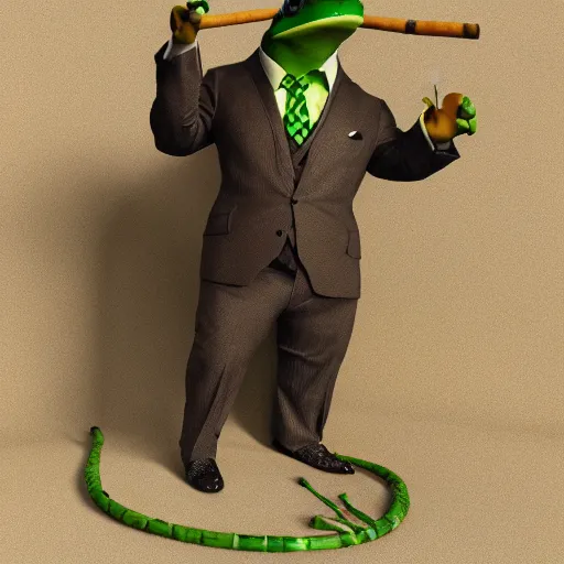 Prompt: a high quality photo of an antropomorphic frog wearing a suit smoking a cigar, 3d scene, render, ultra realistic, artstation, cgsociety