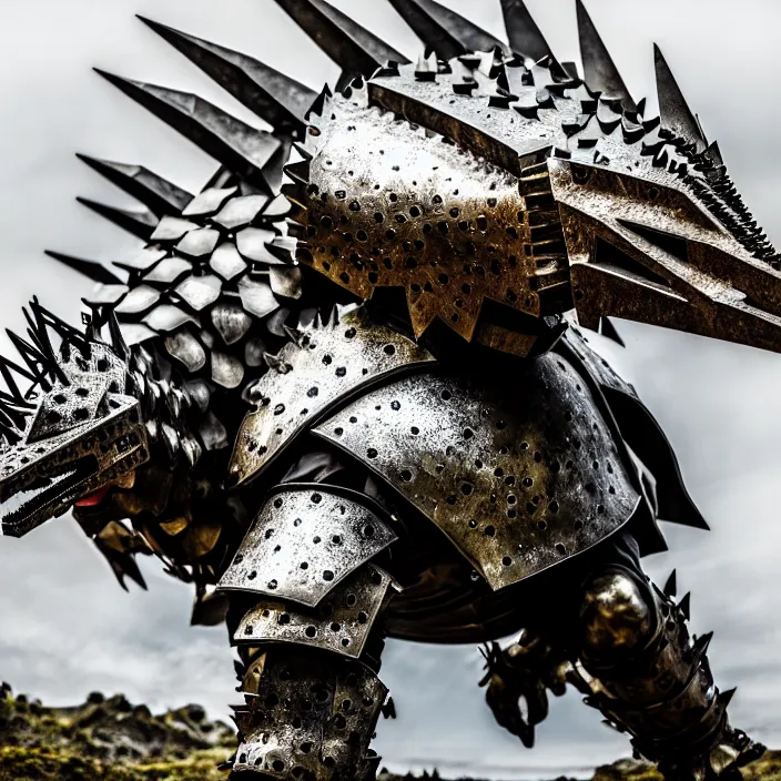 Image similar to photo of a warrior with metal stegosaurus themed armour and helmet, highly detailed, 4 k, hdr, smooth, sharp focus, high resolution, award - winning photo