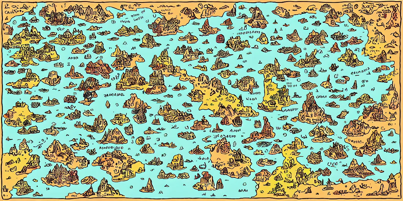 Image similar to a rpg map with regions in separated colors surrounded by ocean detailed, flat colors and strokes illustrated by Mattias Adolfsson