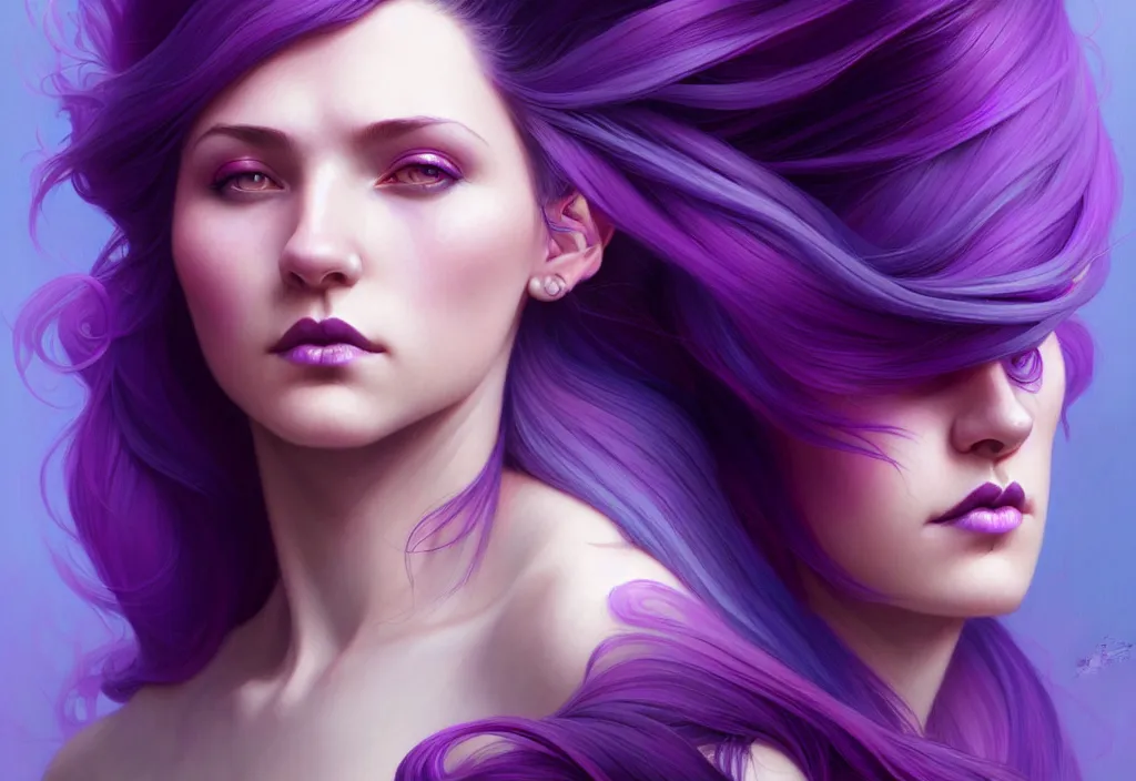 Image similar to Purple hair relistic Portrait of a two woman with bright colored flying hair, all shades of purple. Beauty face, Hair coloring, fantasy, intricate, elegant, highly detailed, digital painting, artstation, concept art, smooth, sharp focus, illustration, art by artgerm and greg rutkowski and alphonse mucha