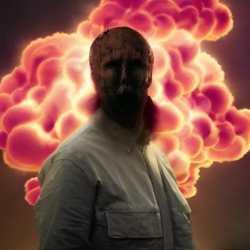 Prompt: hyperreal person with head blown exploding into nuclear cloud very cinematic fine detail, gritty, edgy, dark