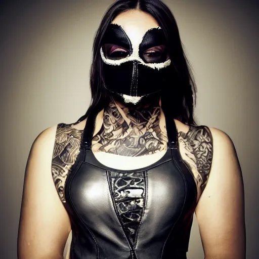 Image similar to Hot young woman, grey skin, void eyeballs, tattoos, wearing a leather jacket, hugging a shrouded and masked person to her chest concept art, 8k